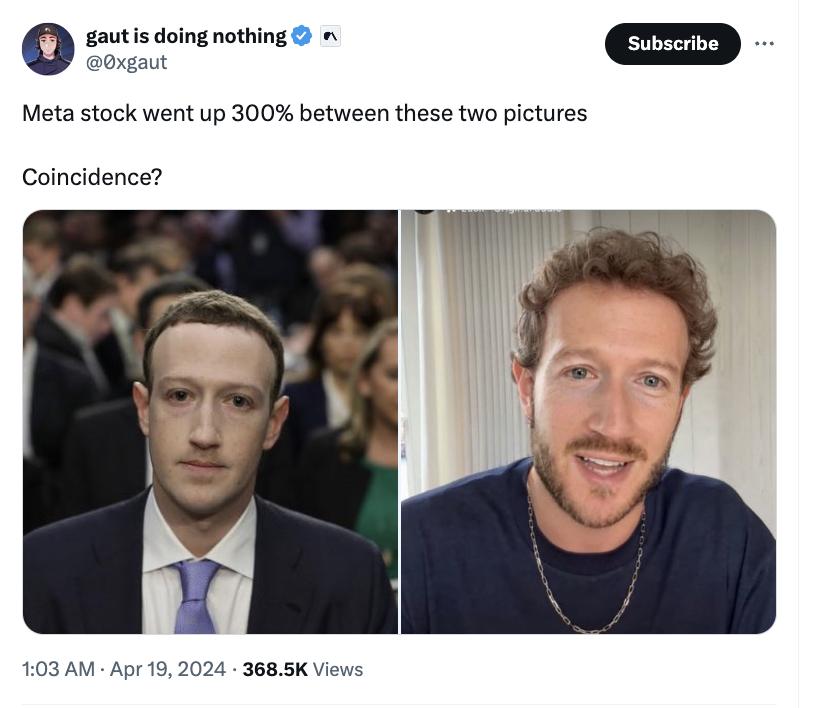 mark zuckerberg listening - gaut is doing nothing Meta stock went up 300% between these two pictures Coincidence? Views Subscribe